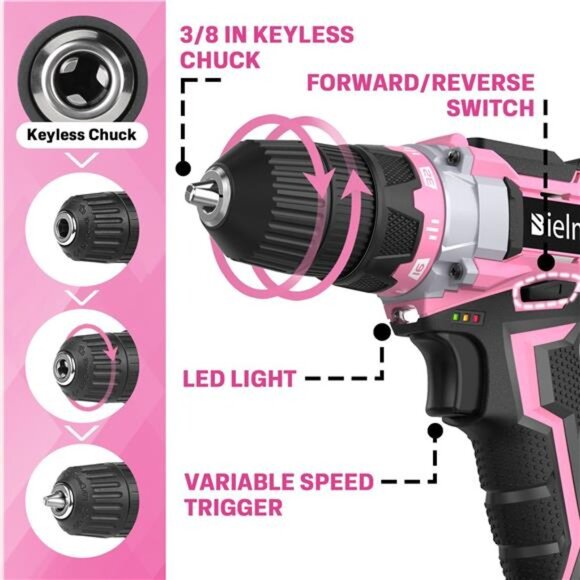 20V Pink Cordless Drill Set, Power drill kit with Lithium-Ion and charger - Picture 4 of 7